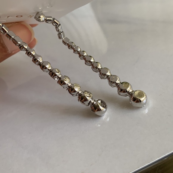 Long Rhinestone Silver Tone Earrings - Picture 7 of 8